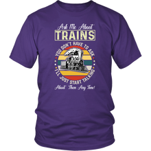 Load image into Gallery viewer, Ask Me About Trains Mens Unisex T-Shirt, Mutiple Colors, Extended Sizes, Shipping Included