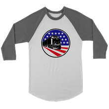 Load image into Gallery viewer, Diesel Locomotive Over Flag Background, 3/4 Raglan Sleeve Unisex Shirt, Multiple Colors, Shipping Included