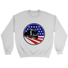 Load image into Gallery viewer, Diesel Locomotive On American Flag Unisex Sweat Shirt Multi Colors Extended Sizes Shipping Included

