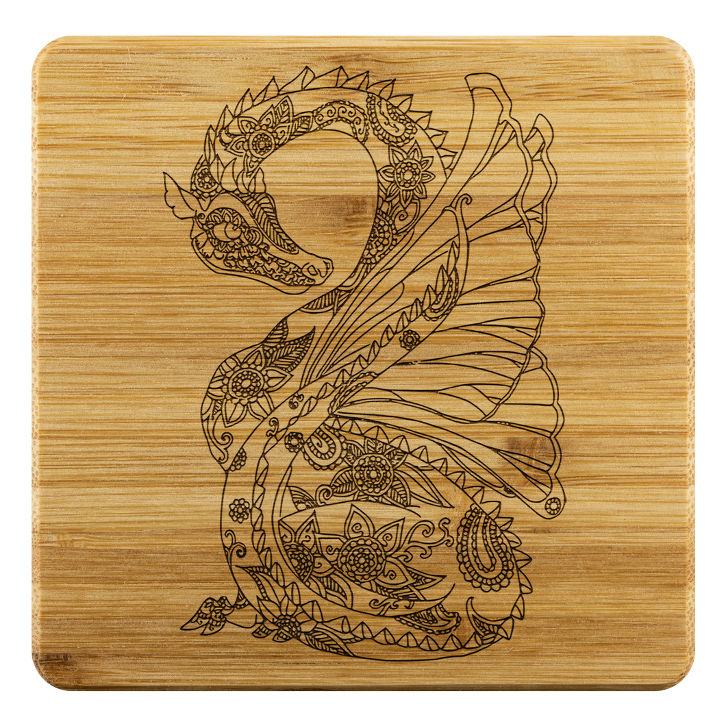 Dragon Floral Mandala, Bamboo Coasters Set/4, Free Shipping