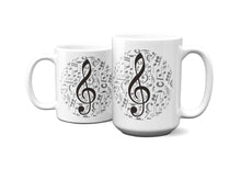 Load image into Gallery viewer, Treble Clef Over Music Symbol Background Mug 11oz/15oz Multi Shapes Singer Musician Gift Unisex Shipping Included
