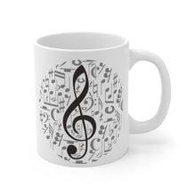 Load image into Gallery viewer, Treble Clef Over Music Symbol Background Mug 11oz/15oz Multi Shapes Singer Musician Gift Unisex Shipping Included
