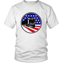 Load image into Gallery viewer, Patriotic Flag Diesel Locomotive Mens Unisex T-Shirt, Multiple Colors, Extended Sizes, Shipping Included
