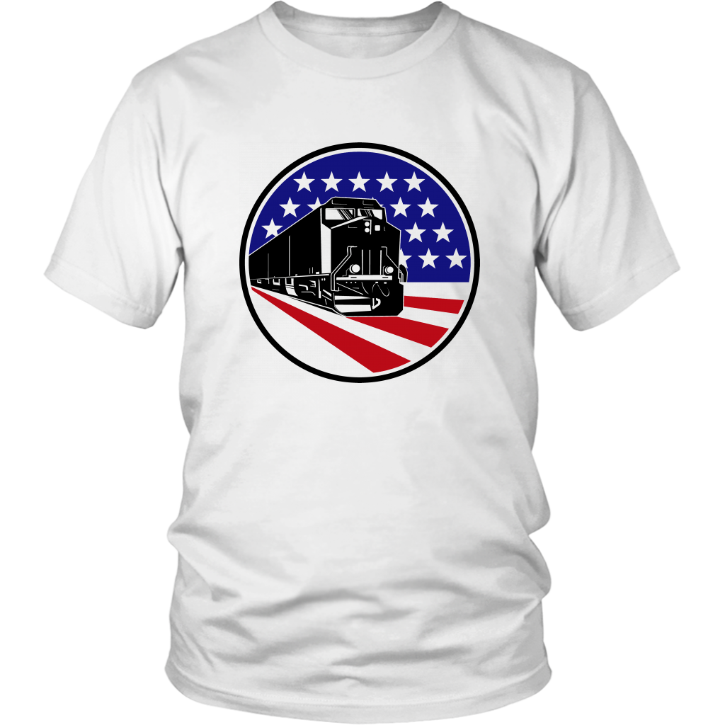 Patriotic Flag Diesel Locomotive Mens Unisex T-Shirt, Multiple Colors, Extended Sizes, Shipping Included