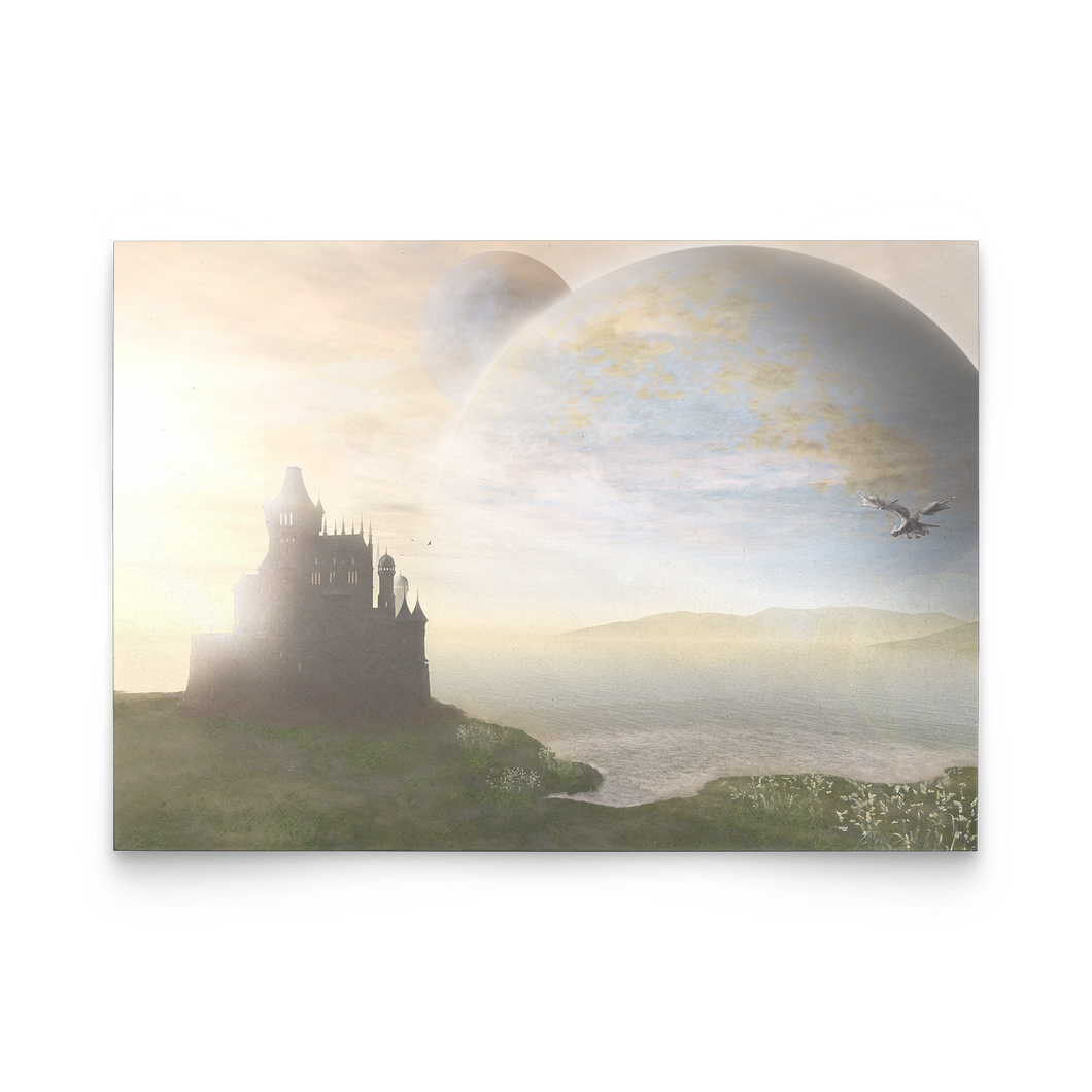 Fantasy Dragon and Castle Landscape Flat Note Cards, Sets of Multiples, Free Shipping
