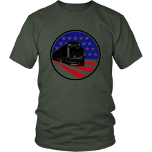 Load image into Gallery viewer, Patriotic Flag Diesel Locomotive Mens Unisex T-Shirt, Multiple Colors, Extended Sizes, Shipping Included
