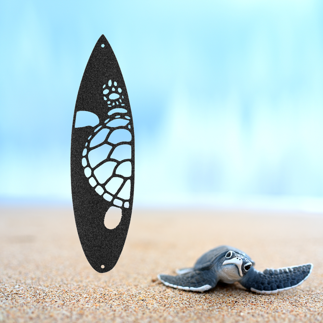 Swimming Sea Turtle Decorated Surfboard Wall Art Steel Plaque, Multi Colors & Sizes