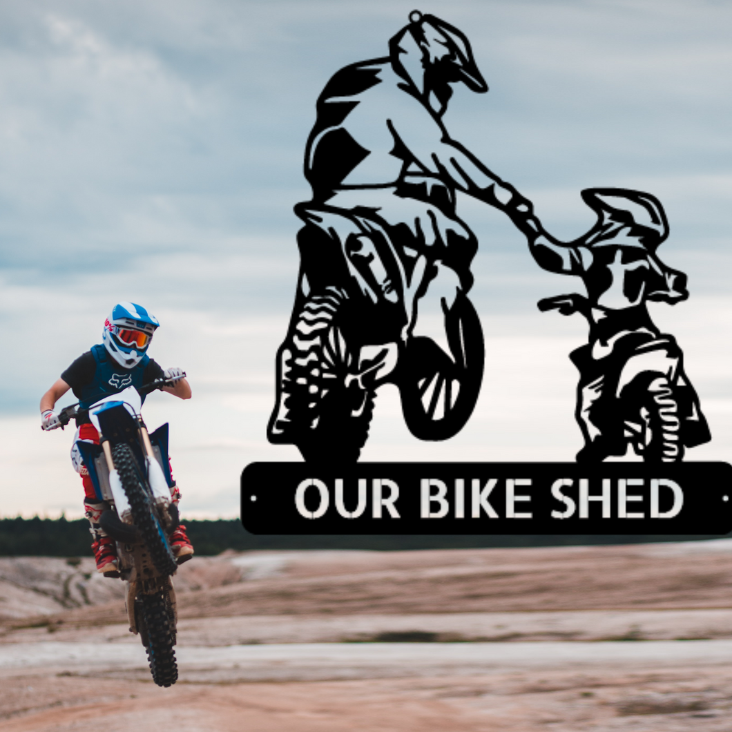 Parent & Child Motocross Dirt Bike Monogram Steel Sign, Multi Sizes & Colors