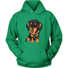 Load image into Gallery viewer, Vector Drawing Black &amp; Tan Doxie - Toasty Hoodie, Multi Colors, Extended Sizes, Free Shipping
