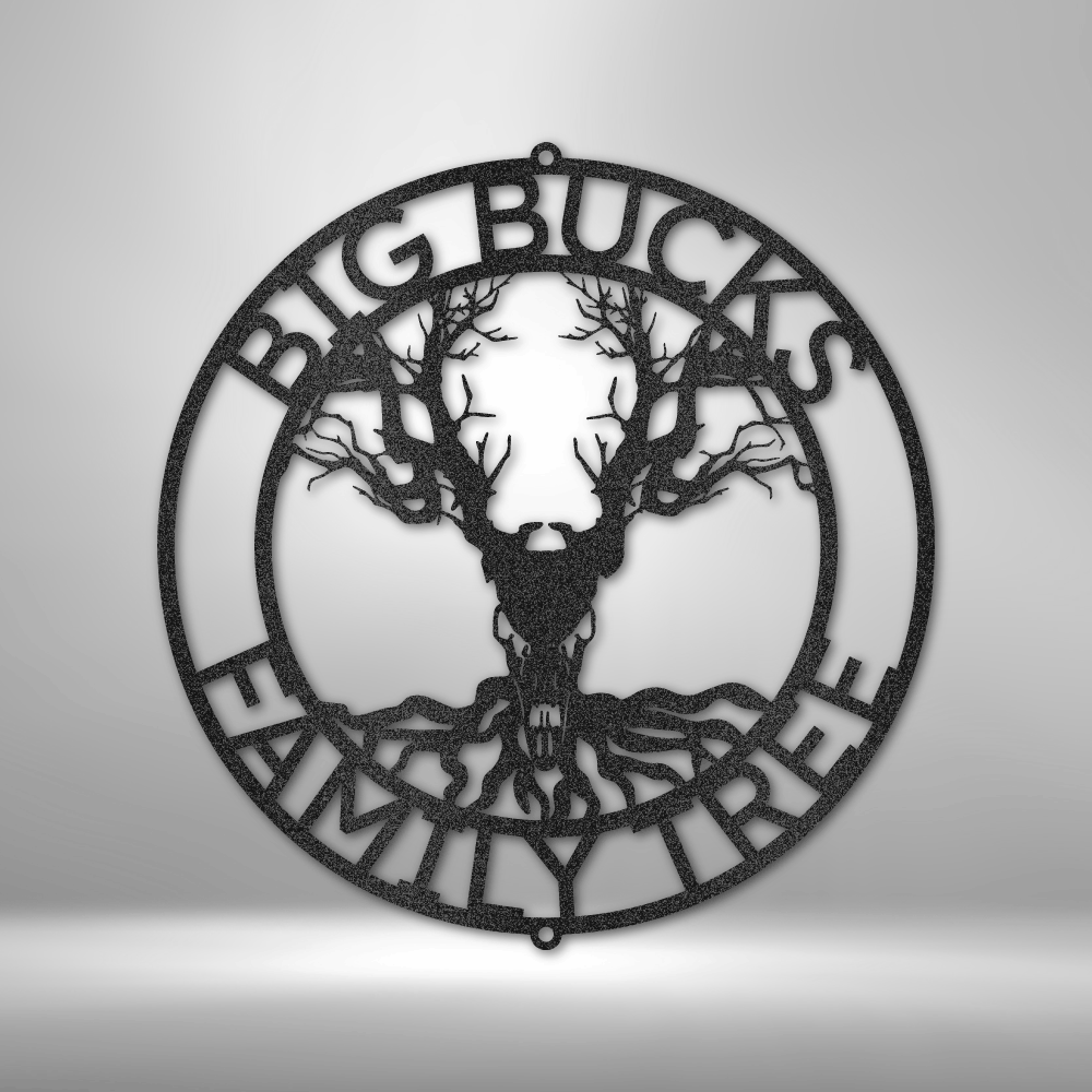 Rustic Cool Deer Skull Family Tree Monogram - Steel Sign, Multi Sizes & Colors, Hunter Hunting Metal Cabin Lodge Camp