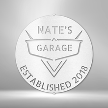 Load image into Gallery viewer, Car Lover&#39;s Garage Monogram Steel Sign, Hotrod Flame Custom Coupe Classic Street Rod
