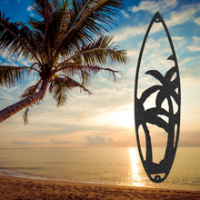 Load image into Gallery viewer, Surfboard with Palm Tree Silhouette, Stock Laser Cut Steel Wall Art, Multi Sizes &amp; Colors
