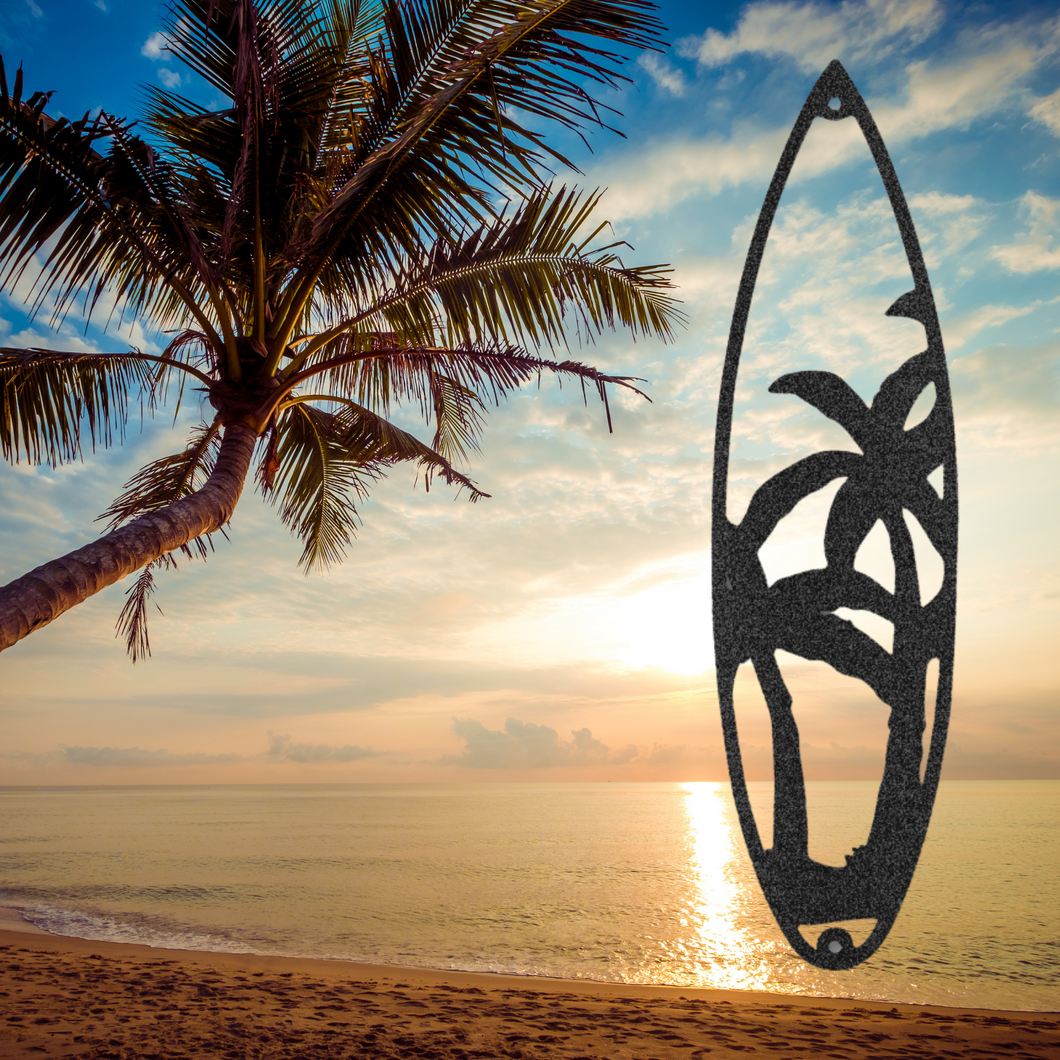Surfboard with Palm Tree Silhouette, Stock Laser Cut Steel Wall Art, Multi Sizes & Colors