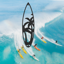 Load image into Gallery viewer, Surfboard with Palm Tree Silhouette, Stock Laser Cut Steel Wall Art, Multi Sizes &amp; Colors

