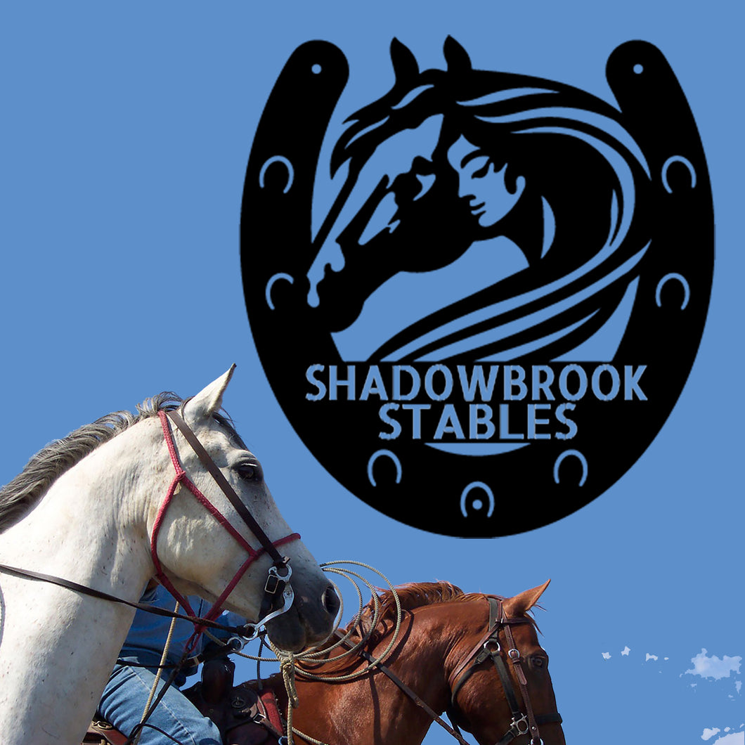 Stylized Horse Owner Horseshoe Monogram - Steel Sign, Multi Sizes & Colors, Horseback Rider Stall Stable Marker Plaque