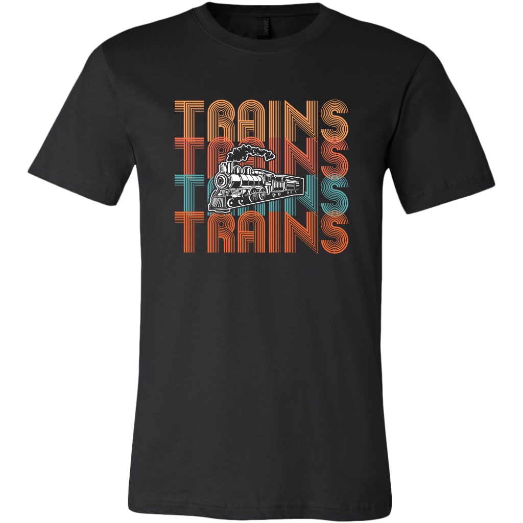 Trains Retro Text, Mens/Unisex T-Shirt, Multiple Colors, Extended Sizes, Shipping Included