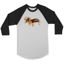 Load image into Gallery viewer, Flower Doxie Watercolor on 3/4 Sleeve Raglan Shirt, Multi Sizes, Multi Colors, Free Shipping
