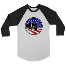 Load image into Gallery viewer, Diesel Locomotive Over Flag Background, 3/4 Raglan Sleeve Unisex Shirt, Multiple Colors, Shipping Included
