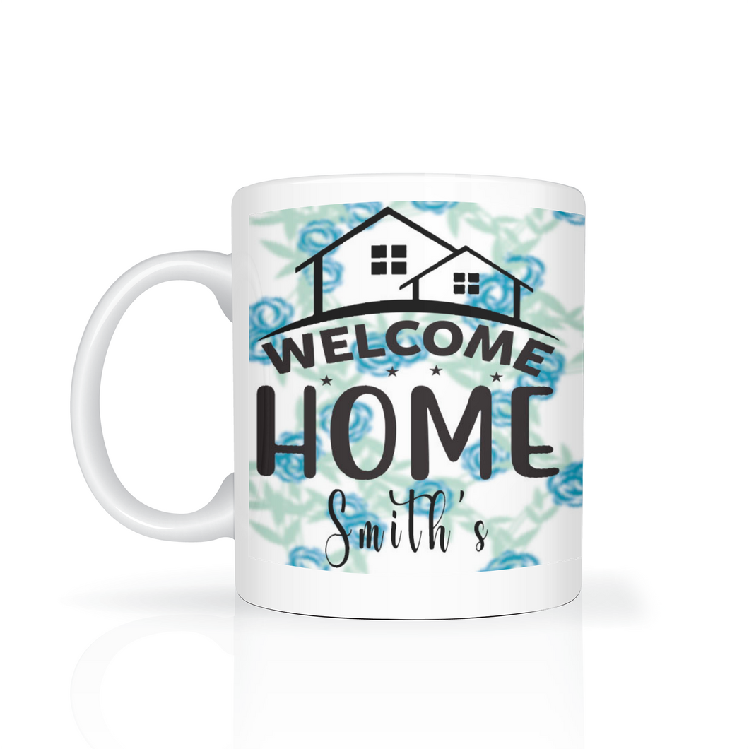 Personalized WELCOME HOME FAMILY, Set of 4 Mugs with Blue Floral Background, Shipping Included