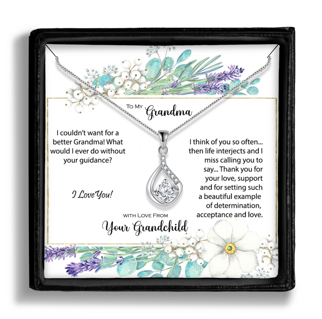 Grandma From Grandchild - I Couldn't Want For a Better Grandma, CZ Love Drop Necklace With Heartfelt Message, Shipping Included