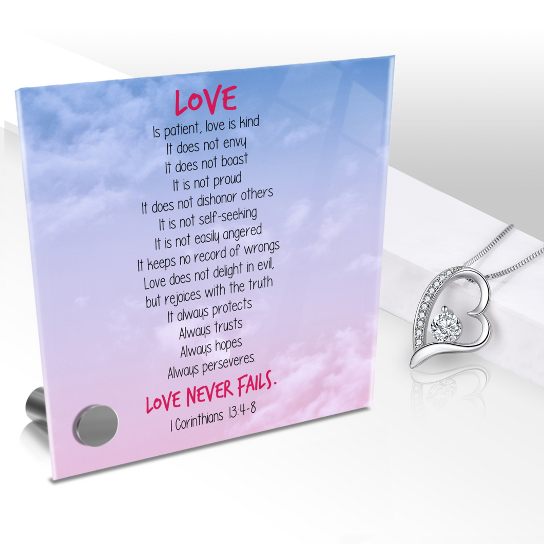 Love Is Patient, Love Is Kind - Glass Message Display and Choice of Gorgeous Pendant in Multi Styles - Shipping Included