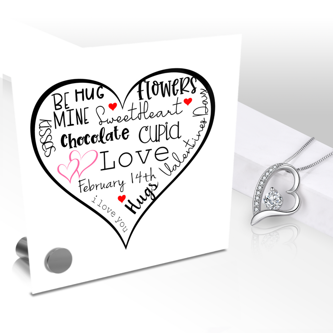 Valentine Word Cloud - Glass Message Display and Choice of Gorgeous Pendant in Multi Styles - Shipping Included