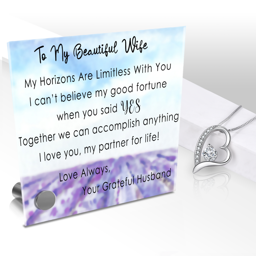 My Beautiful Wife - Limitless Horizons Glass Message Card With Choice of Four Stunning Pendant Necklaces or Alone. Free Shipping.