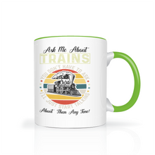 Load image into Gallery viewer, Ask Me About Trains Two Tone 11 oz Ceramic Mug, Model Train Guy Gift, Shipping Included

