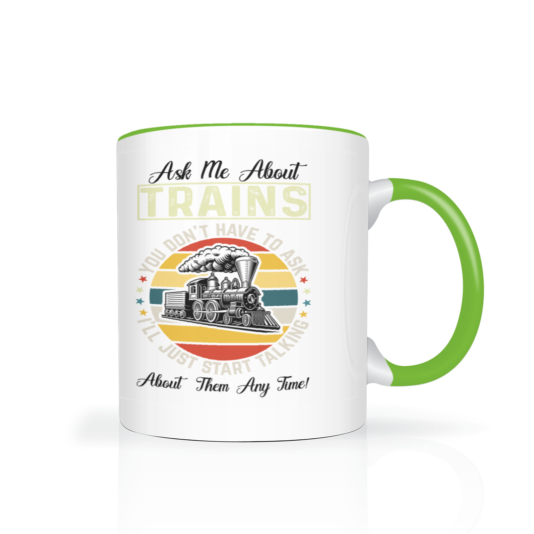 Ask Me About Trains Two Tone 11 oz Ceramic Mug, Model Train Guy Gift, Shipping Included