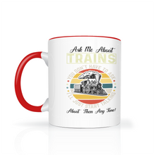 Load image into Gallery viewer, Ask Me About Trains Two Tone 11 oz Ceramic Mug, Model Train Guy Gift, Shipping Included

