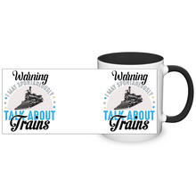 Load image into Gallery viewer, Warning May Spontaneously Talk About Trains Two Tone 11oz Ceramic Mug, Great Train Guy Gift, Shipping Included
