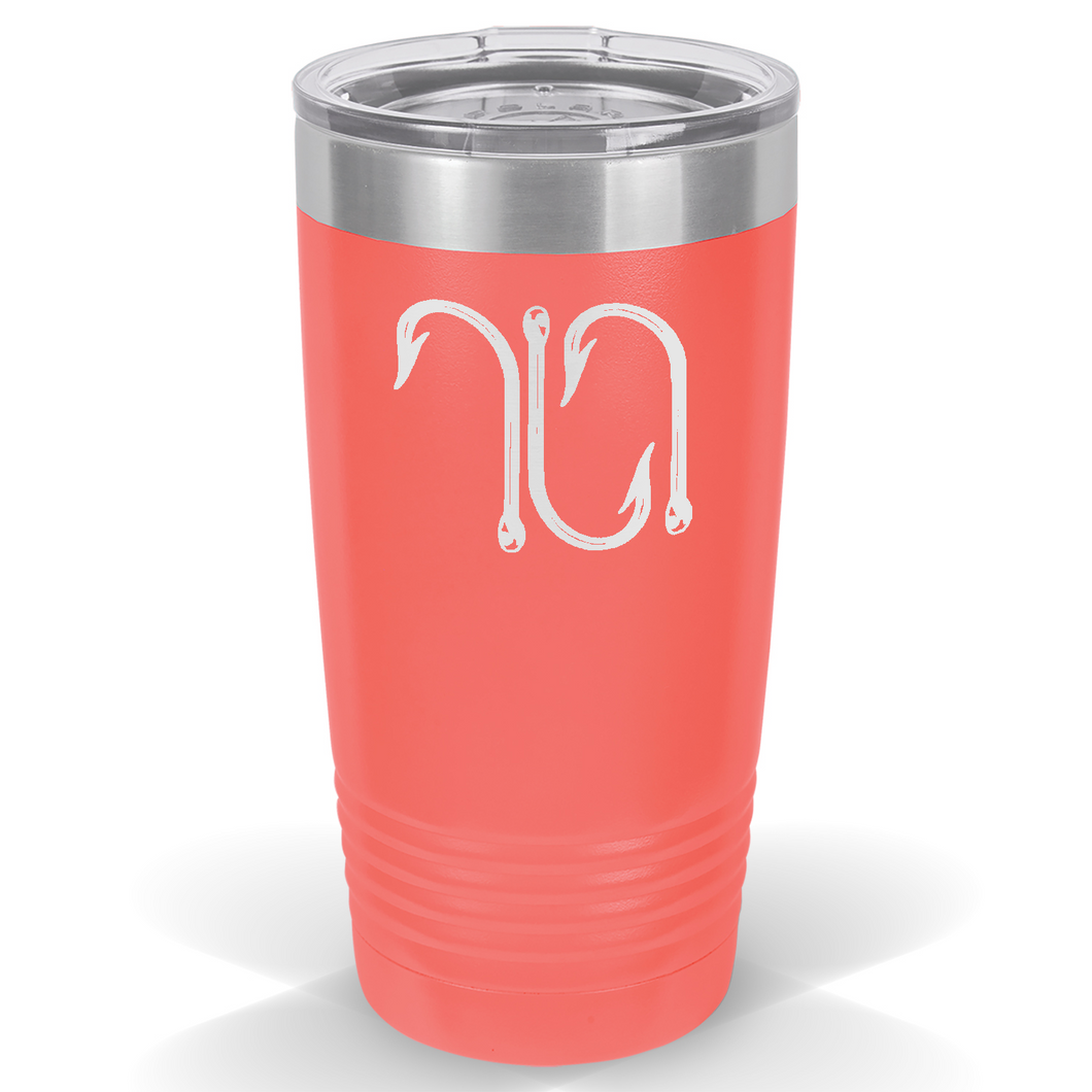 Laser Engraved Fish Hooks, 20 oz Insulated Travel Tumbler. 18 Colors. Shipping Included.