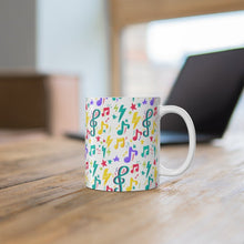 Load image into Gallery viewer, Brightly Colored Sheet Music Symbols Mug 11oz/15oz Musician Gift Unisex Shipping Included

