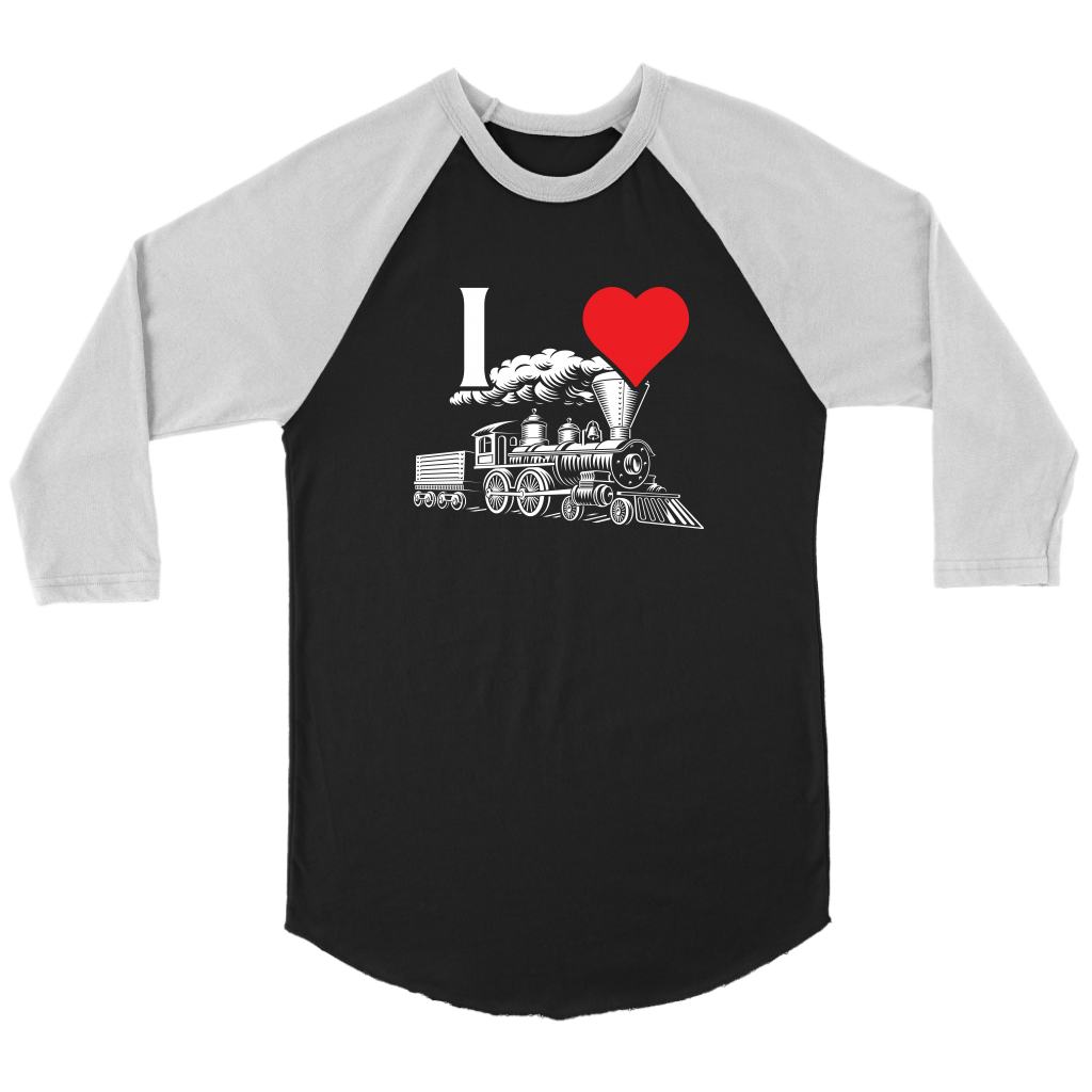 I Love Trains 3/4 Raglan Sleeve Unisex Shirt, Black, Shipping Included