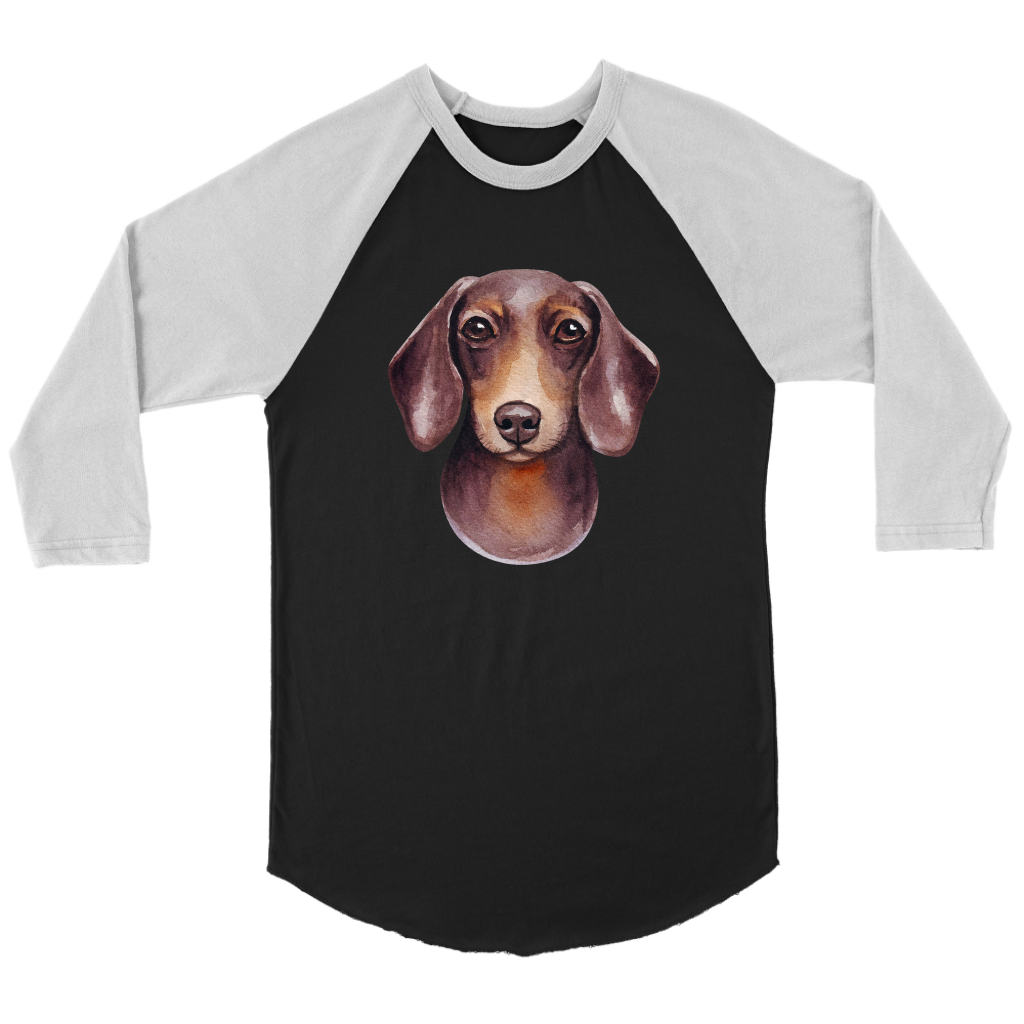 Doxie Head Watercolor 3/4 Raglan Sleeve Unisex Shirt, Multiple Colors - Free Shipping