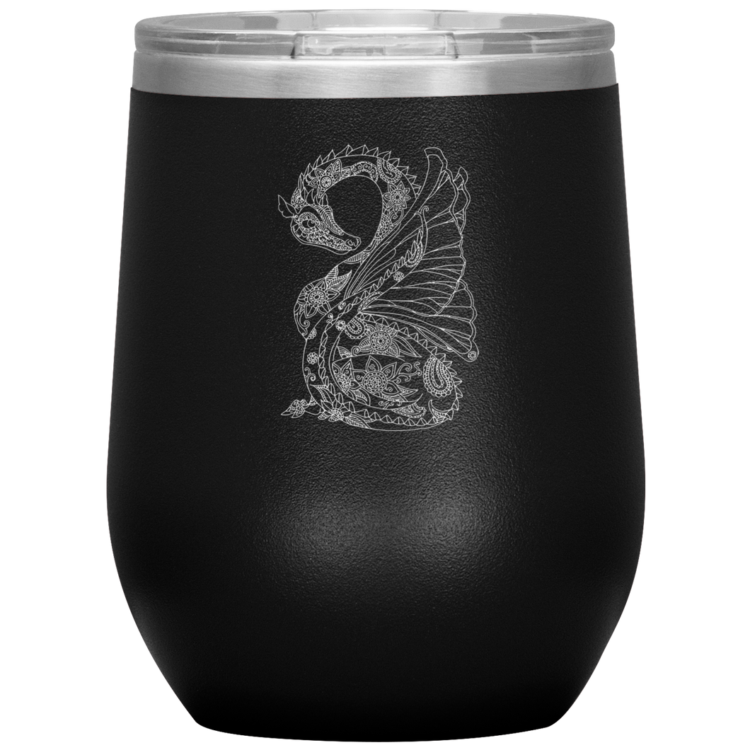 Tattoo Inspired Dragon Design 12oz Insulated Wine Tumbler, Laser Etched, Multi Colors, Shipping Included