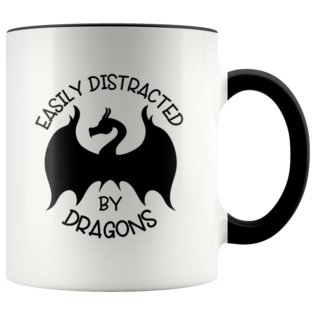 Easily Distracted by Dragons, 11oz Accent Color Mug, Multi-Colors, Shipping Included