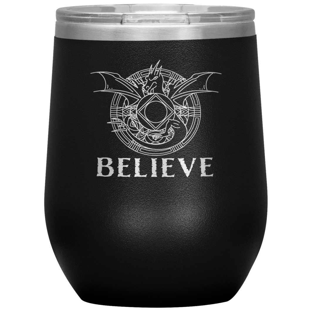 Dragon - BELIEVE, 12oz Insulated Wine Tumbler, Laser Etched, Multi Colors, Shipping Included