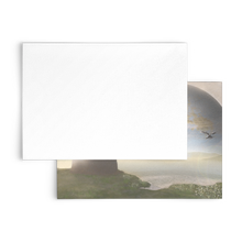 Load image into Gallery viewer, Fantasy Dragon and Castle Landscape Flat Note Cards, Sets of Multiples, Free Shipping
