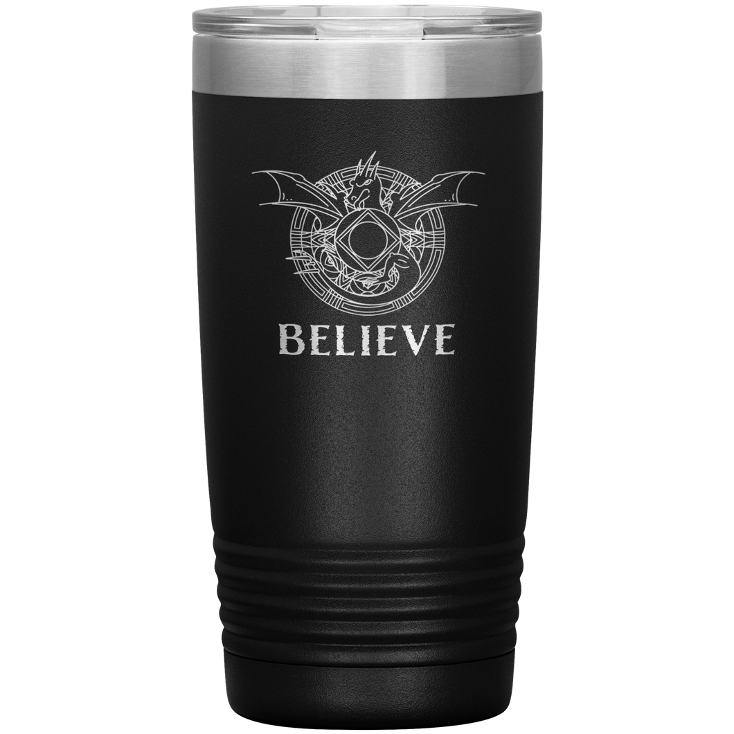 Dragon - BELIEVE, 20 oz Insulated Travel Tumbler, Laser Etched, Multi Colors, Shipping Included